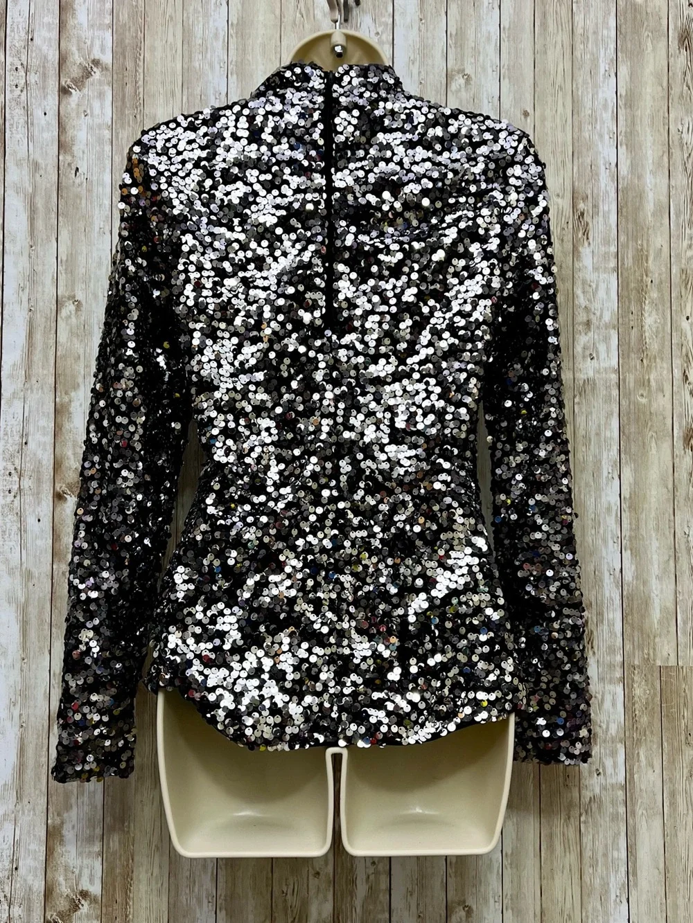H&M Silver and Black Sequin Long Sleeve Mock Neck Top Size S
